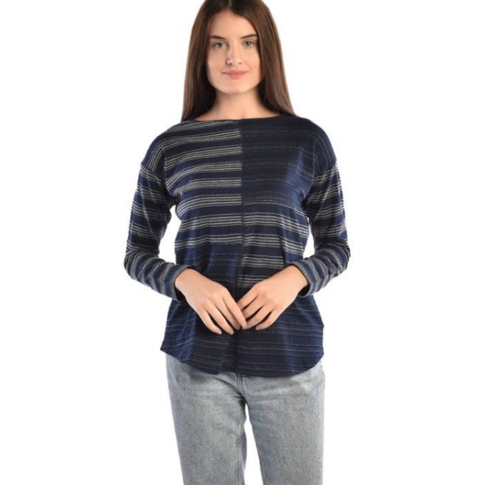 Chaps Navy Striped Long Sleeve Knit Top
